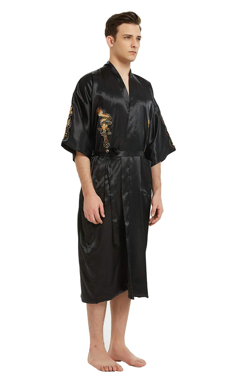 PAMOR Mens Robe Chinese Silk Embroidered Dragon Pattern Kimono Bathrobe Yukata Pajamas with Waistband and Pockets (Navy Blue) - Image 3